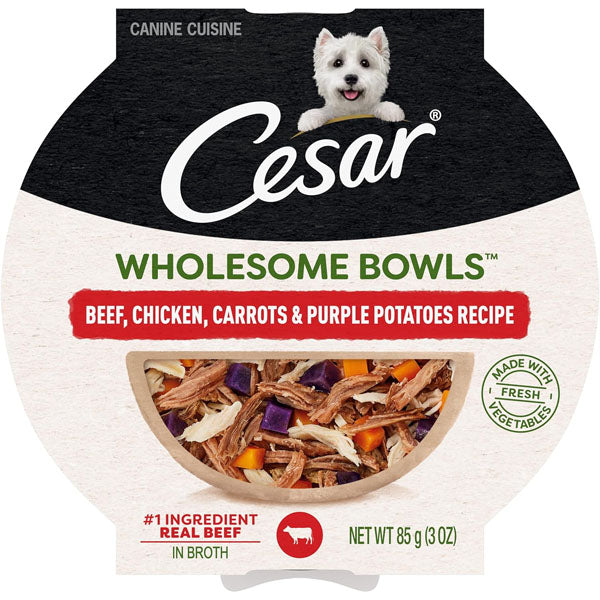 CESAR WHOLESOME BOWLS Adult Wet Dog Food, Beef, Chicken, Purple Potatoes & Carrots, 3 oz., Pack of 10