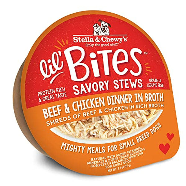 Stella & Chewy's Lil Bites Savory Stews Grain-Free Beef & Chicken in Broth Flavored Shredded Small Breed Wet Dog Food, 2.7-oz cup, case of 12