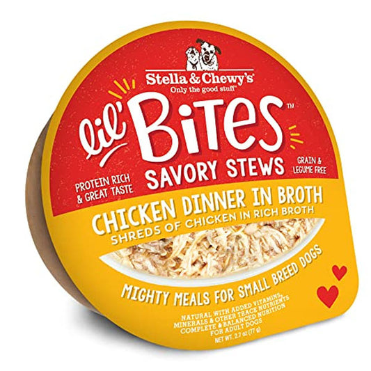 Stella & Chewy's Lil Bites Savory Stews Grain-Free Chicken in Broth Flavored Shredded Small Breed Wet Dog Food, 2.7-oz cup, case of 12