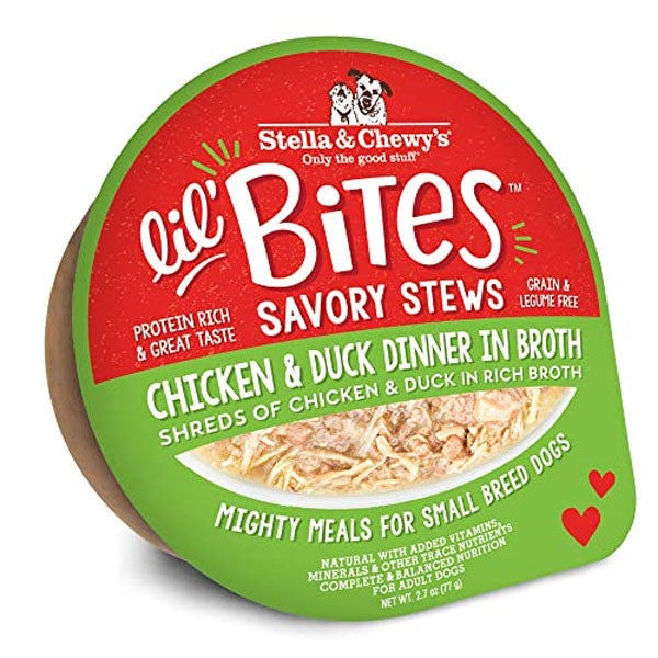 Stella & Chewy's Lil Bites Savory Stews Grain-Free Chicken & Duck in Broth Flavored Shredded Small Breed Wet Dog Food, 2.7-oz cup, case of 12