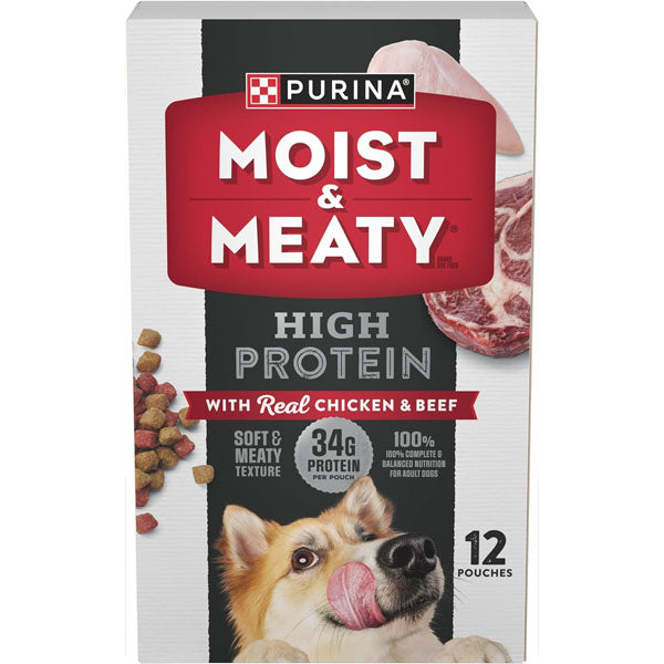 Purina Moist and Meaty High Protein Dry Dog Food With Real Chicken and Beef Dog Food Pouches - (Pack of 4) 72 oz. Boxes