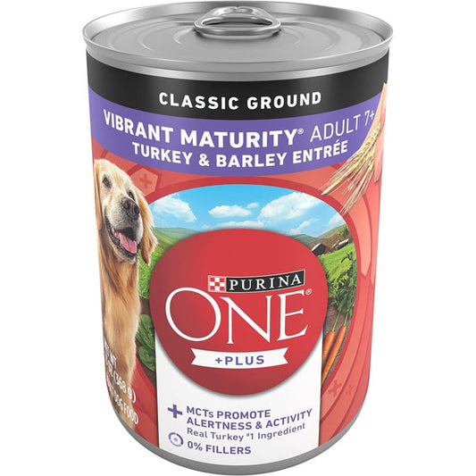 Purina ONE Plus Classic Ground Vibrant Maturity Adult 7 Plus Turkey And Barley Entree Senior Dog Food - (Pack of 12) 13 oz. Cans